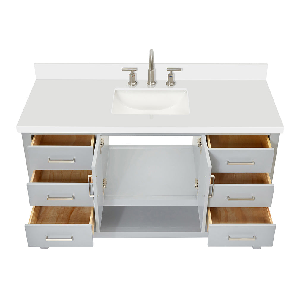 Olivia 54-inch Grey bathroom vanity on white back ground front view open door