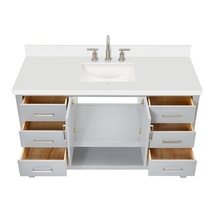 Olivia 54-inch Grey bathroom vanity on white back ground front view open door
