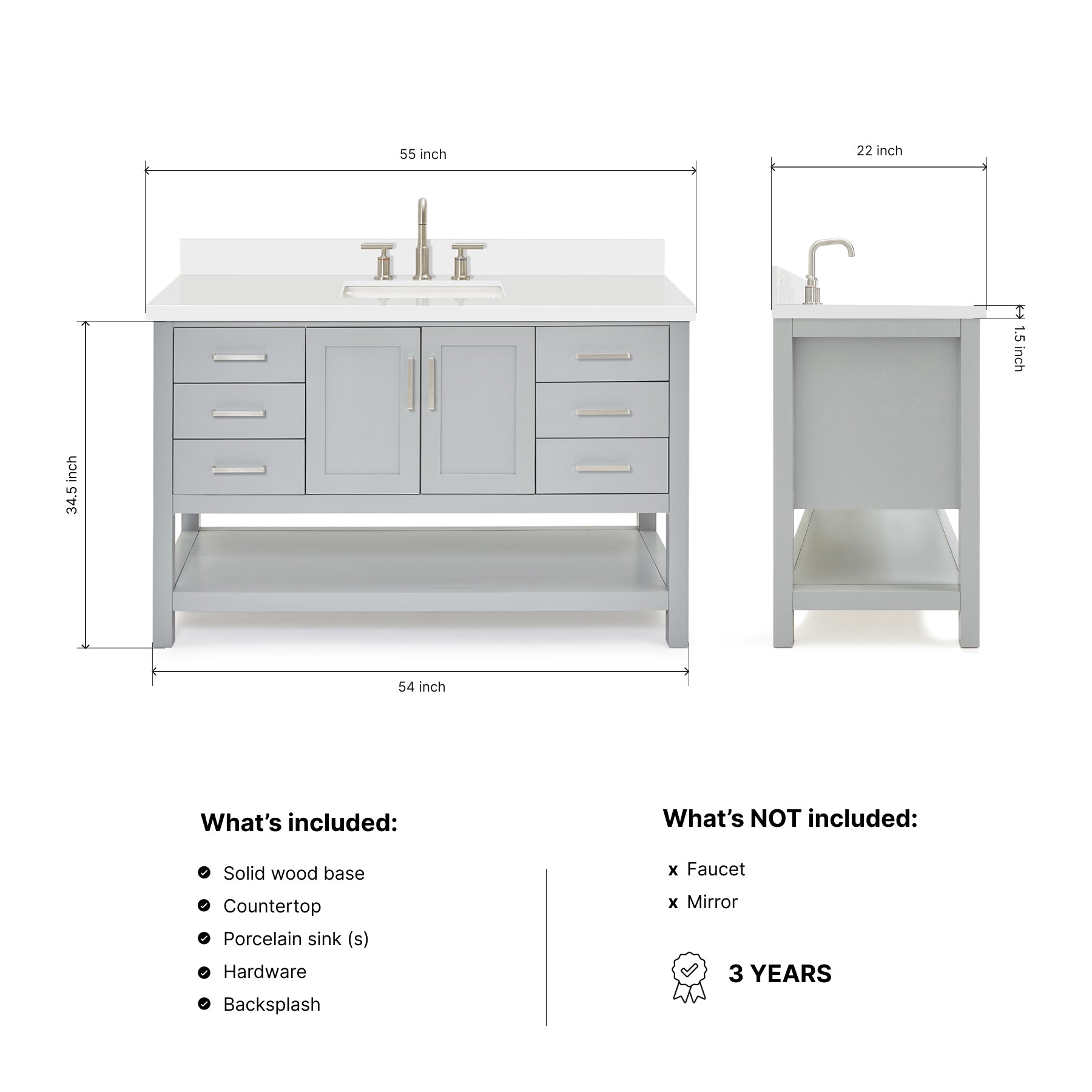 Olivia 54-inch Grey bathroom vanity on dimensions