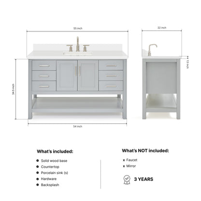 Olivia 54-inch Grey bathroom vanity on dimensions
