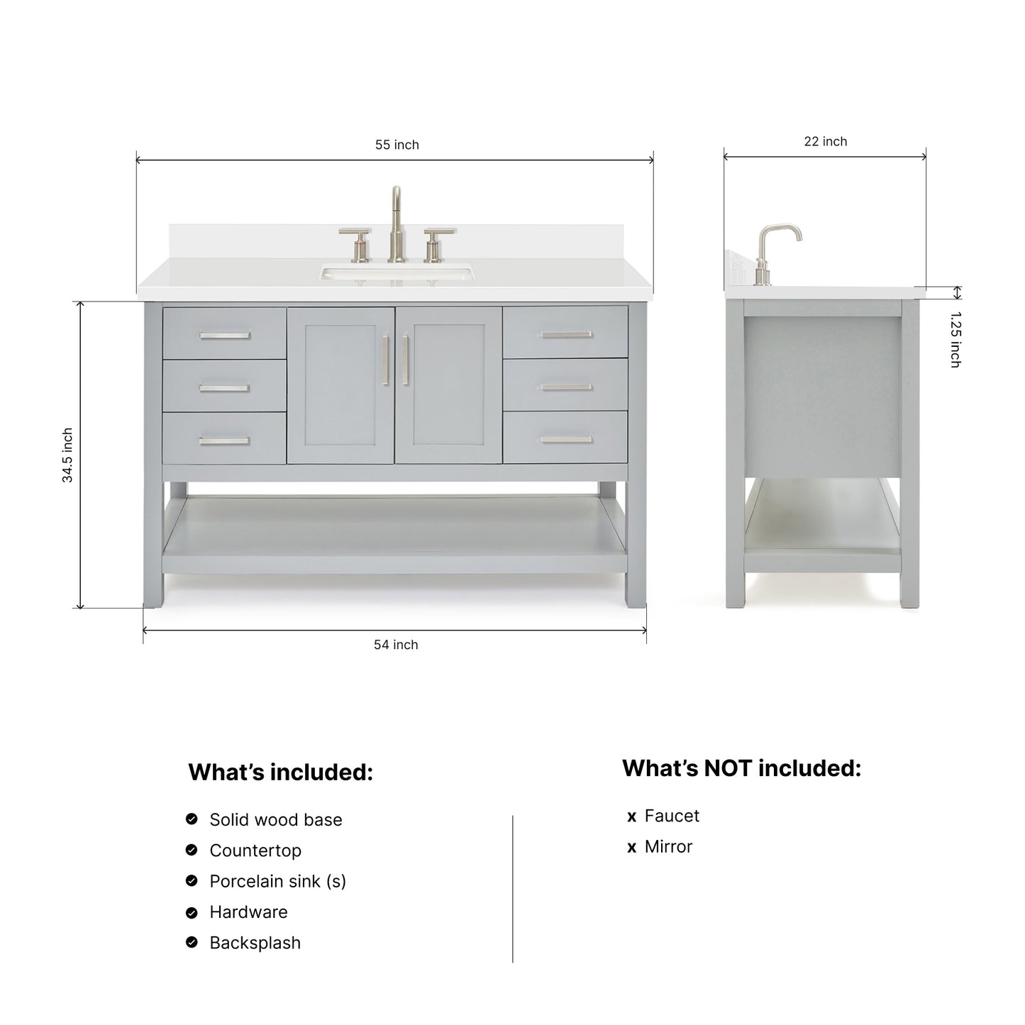 Olivia 54-inch Grey bathroom vanity on dimensions