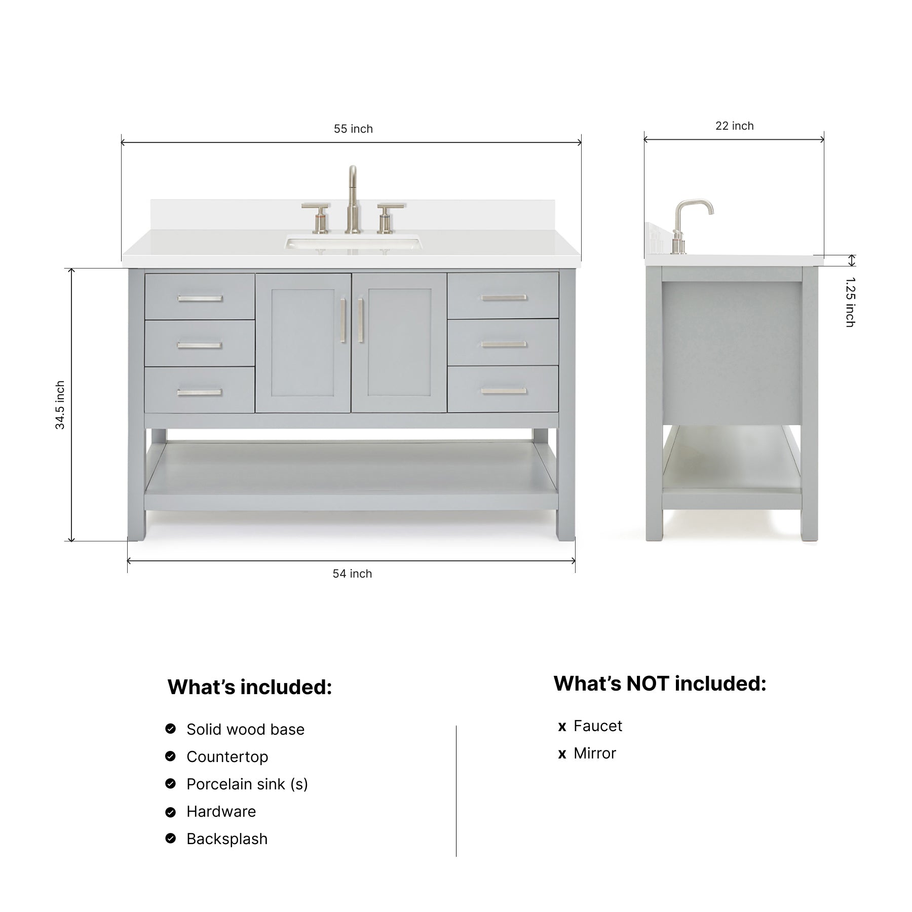 Olivia 54-inch Grey bathroom vanity on dimensions