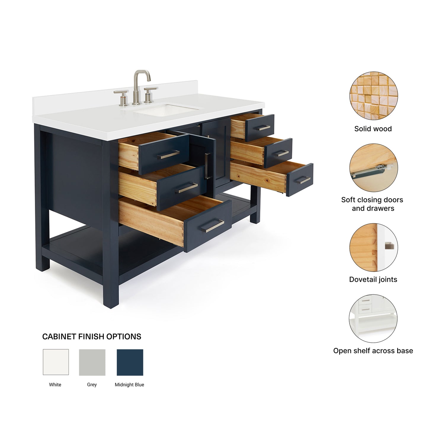 Olivia 54-inch Midnight Blue bathroom vanity on feature highlights: solid wood frame, soft-close doors and drawers, Sherwin-Williams paint finish