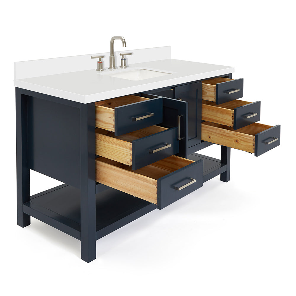 Olivia 54-inch Midnight Blue bathroom vanity on white back ground side view open door
