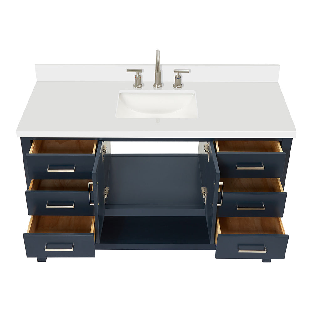 Olivia 54-inch Midnight Blue bathroom vanity on white back ground front view open door