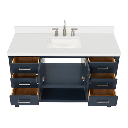 Olivia 54-inch Midnight Blue bathroom vanity on white back ground front view open door
