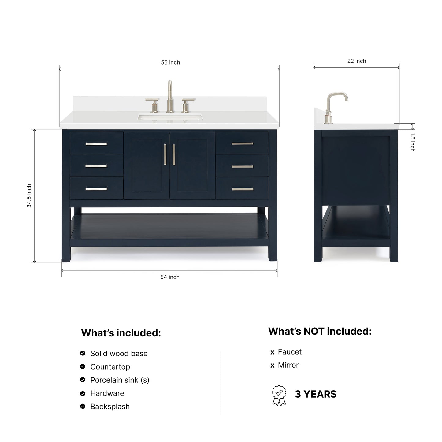 Olivia 54-inch Midnight Blue bathroom vanity on dimensions