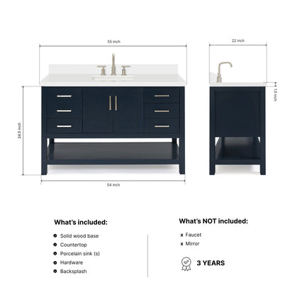 Olivia 54-inch Midnight Blue bathroom vanity on dimensions
