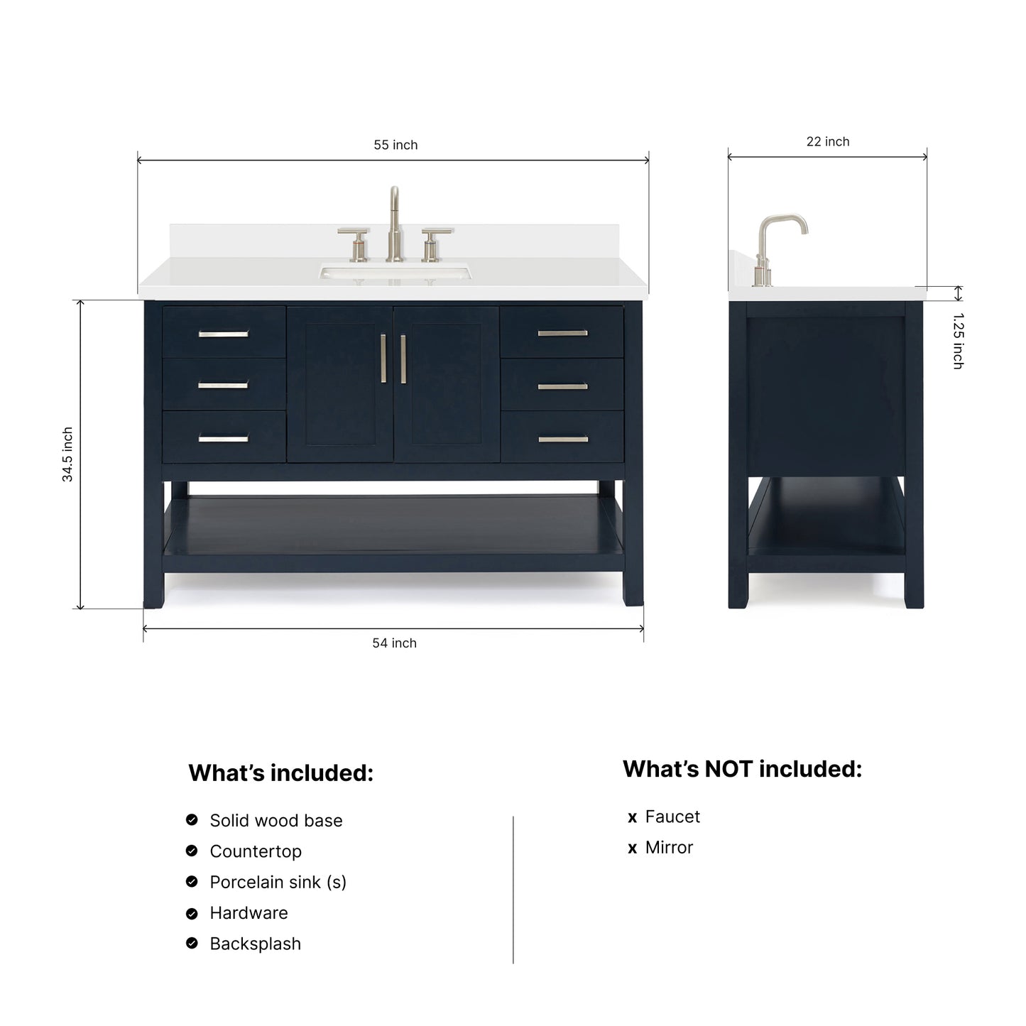 Olivia 54-inch Midnight Blue bathroom vanity on dimensions