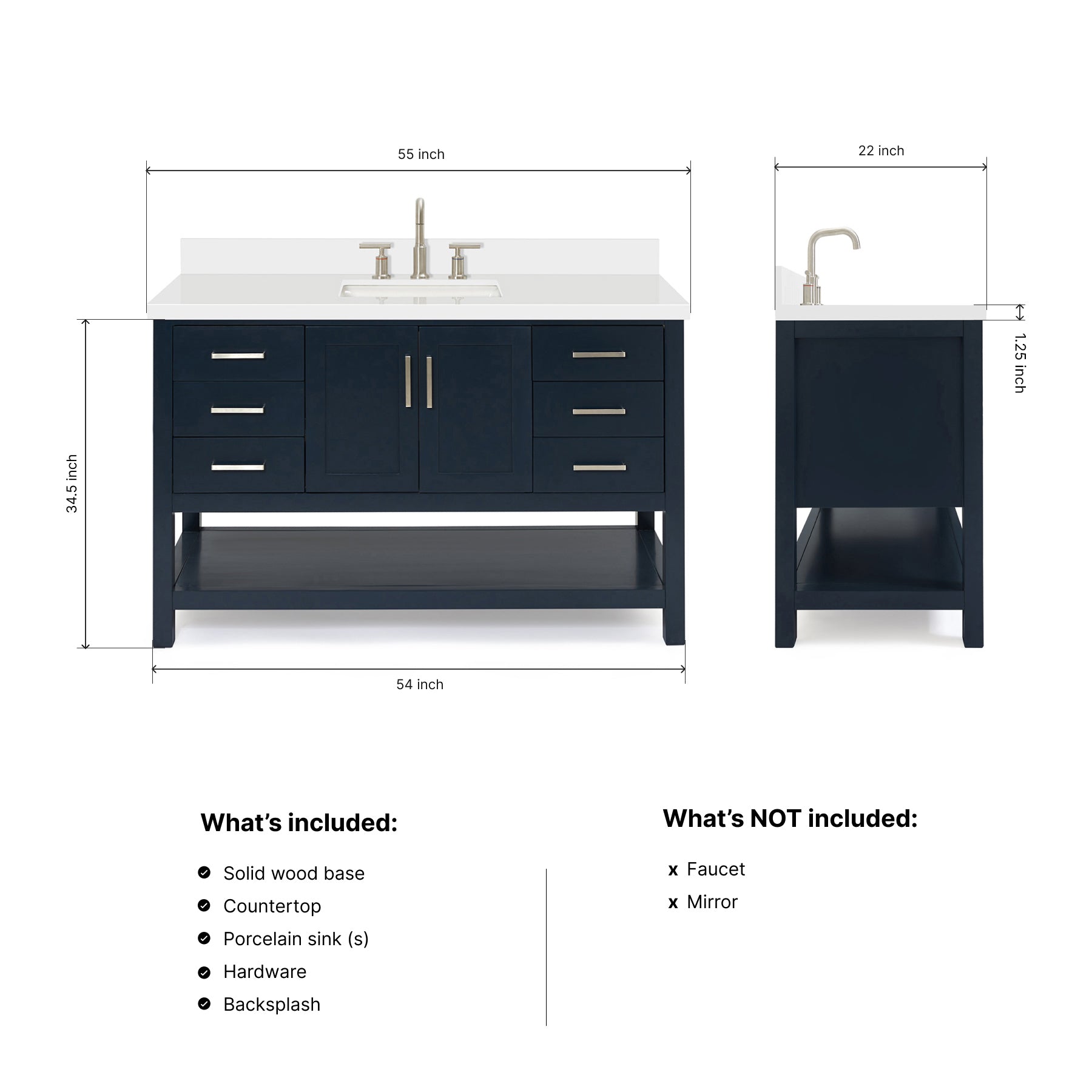 Olivia 54-inch Midnight Blue bathroom vanity on dimensions