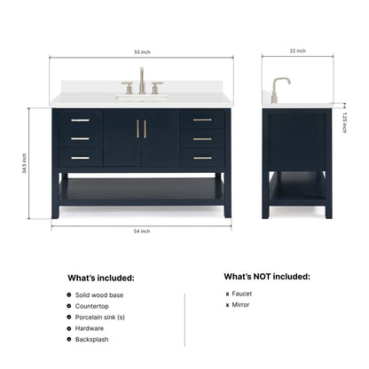 Olivia 54-inch Midnight Blue bathroom vanity on dimensions