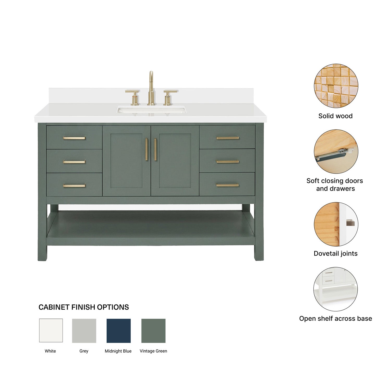 Olivia 54-inch Vintage Green bathroom vanity on feature highlights: solid wood frame, soft-close doors and drawers, Sherwin-Williams paint finish
