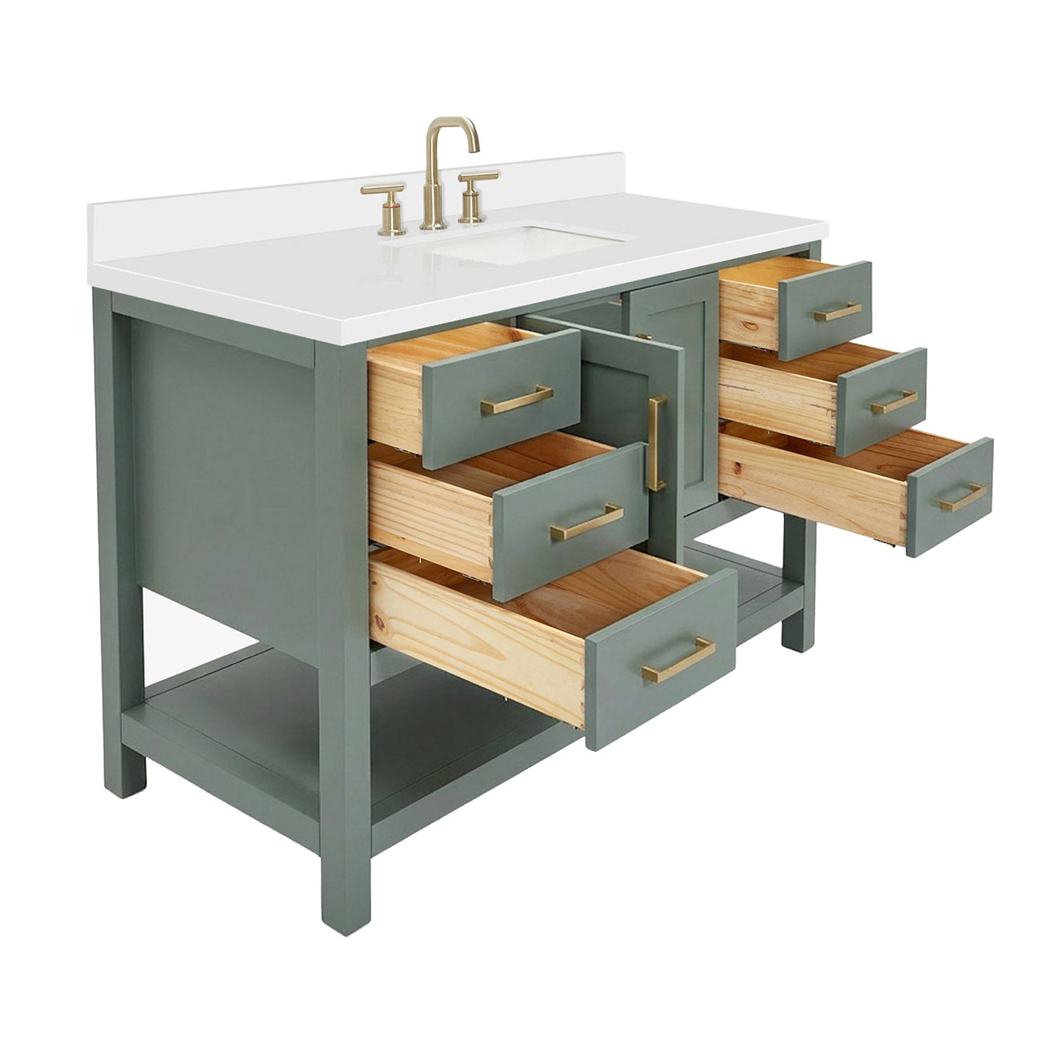 Olivia 54-inch Vintage Green bathroom vanity on white back ground side view open door