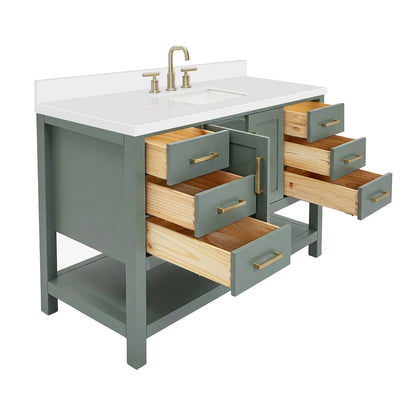 Olivia 54-inch Vintage Green bathroom vanity on white back ground side view open door