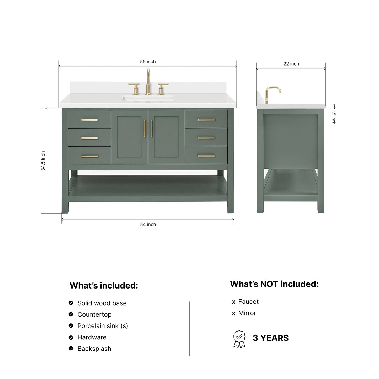 Olivia 54-inch Vintage Green bathroom vanity on dimensions