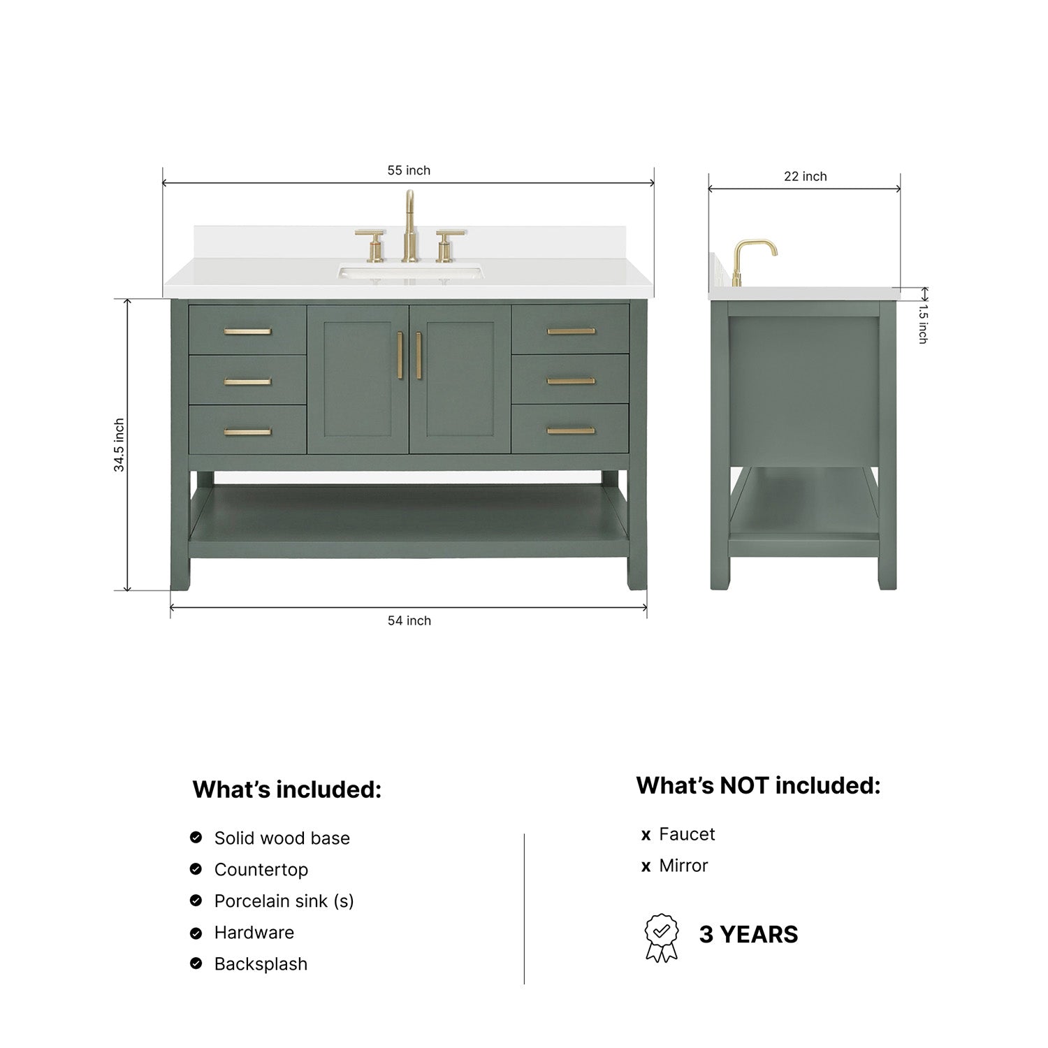 Olivia 54-inch Vintage Green bathroom vanity on dimensions