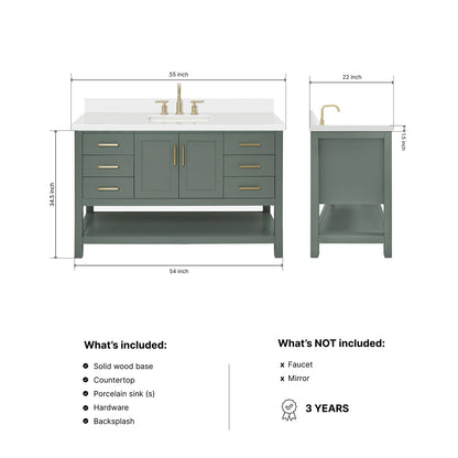 Olivia 54-inch Vintage Green bathroom vanity on dimensions