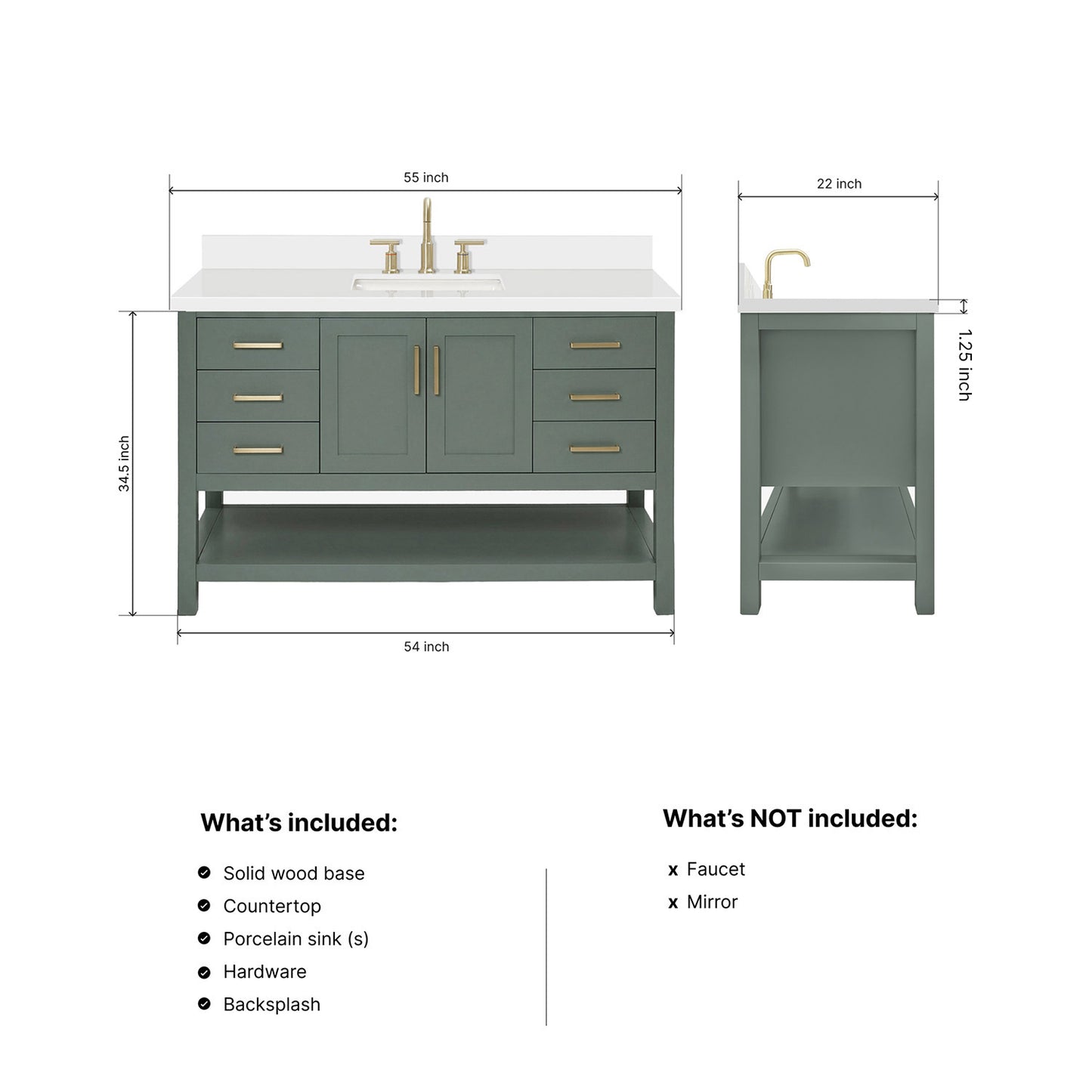 Olivia 54-inch Vintage Green bathroom vanity on dimensions