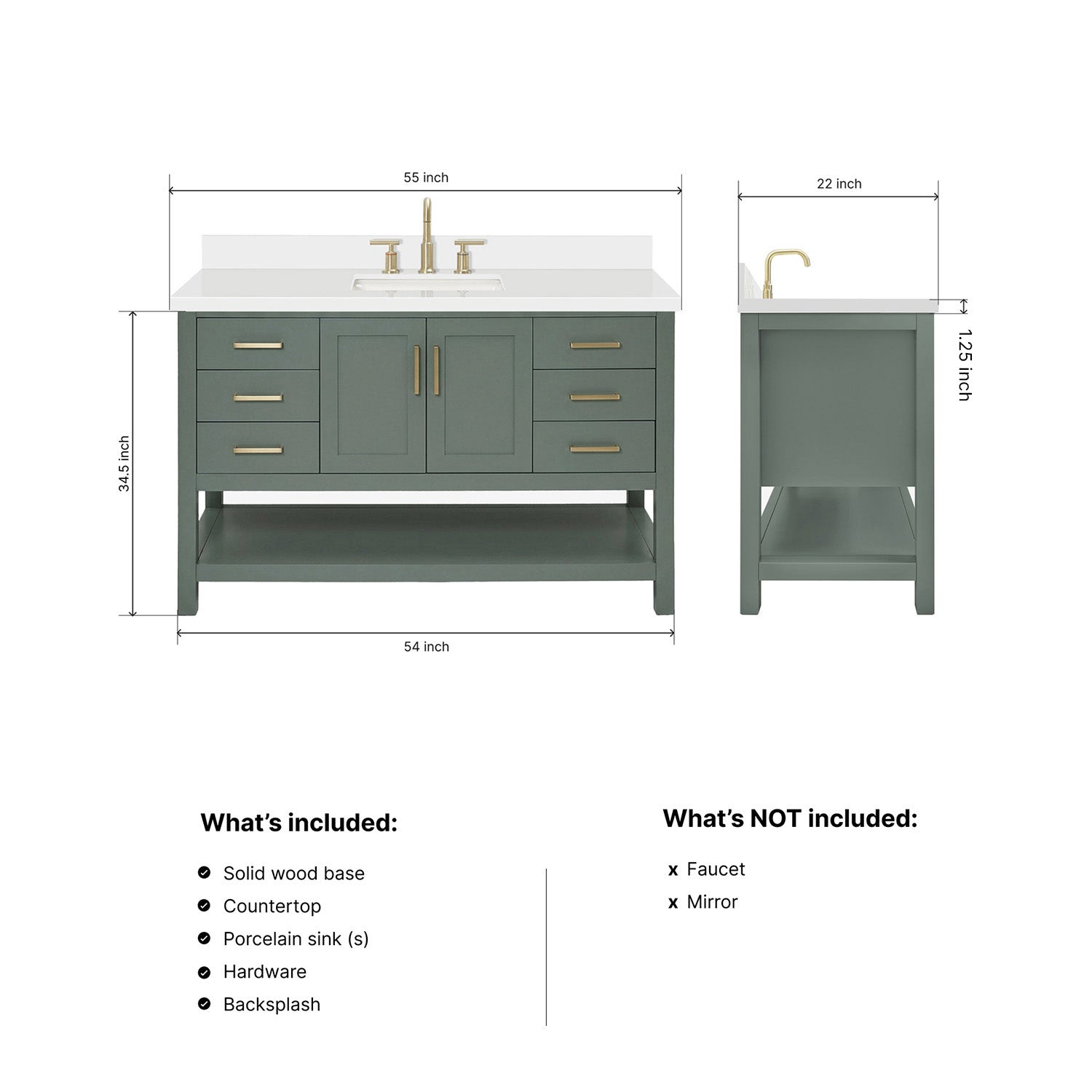 Olivia 54-inch Vintage Green bathroom vanity on dimensions
