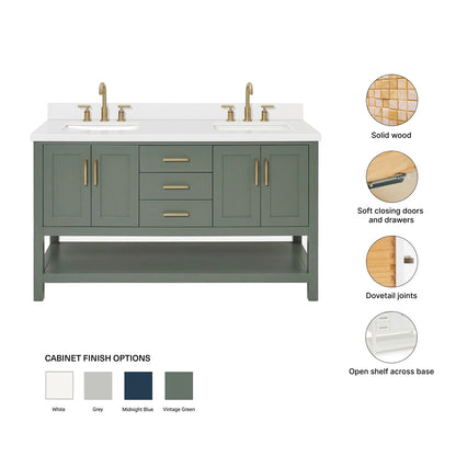 Olivia 60-inch Vintage Green bathroom vanity on feature highlights: solid wood frame, soft-close doors and drawers, Sherwin-Williams paint finish