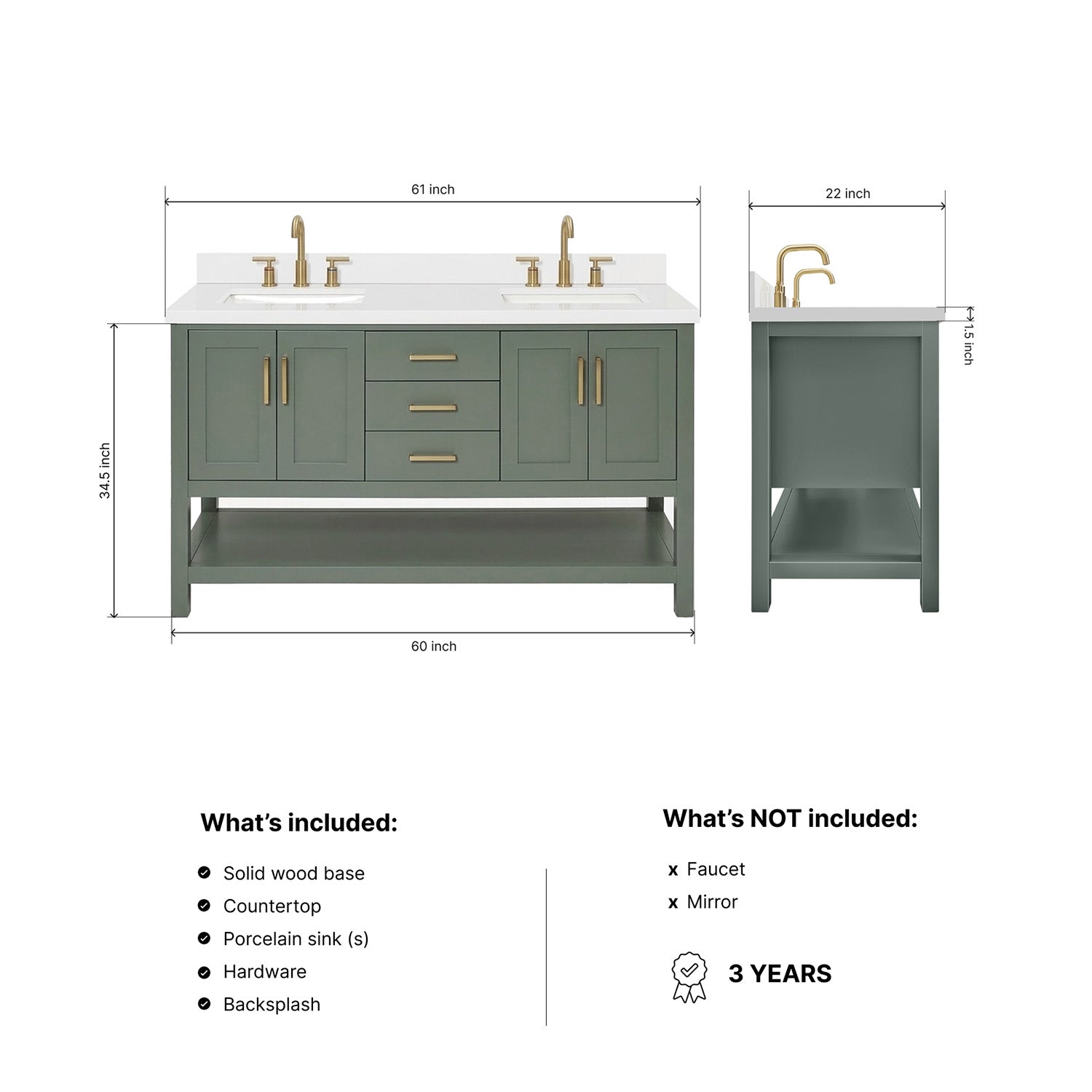 Olivia 60-inch Vintage Green bathroom vanity on dimensions