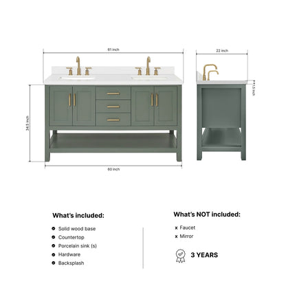 Olivia 60-inch Vintage Green bathroom vanity on dimensions