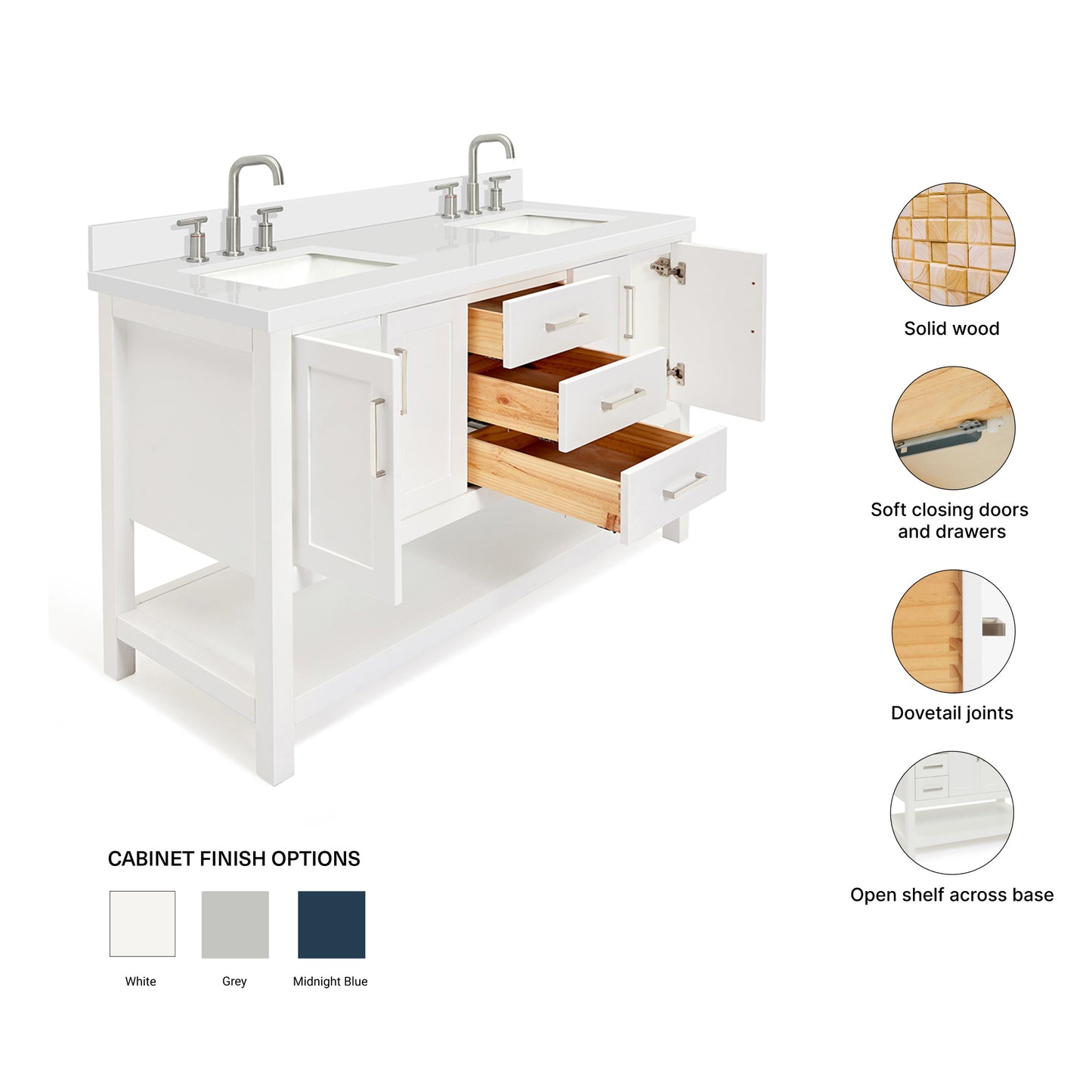 Olivia 60-inch White bathroom vanity on feature highlights: solid wood frame, soft-close doors and drawers, Sherwin-Williams paint finish