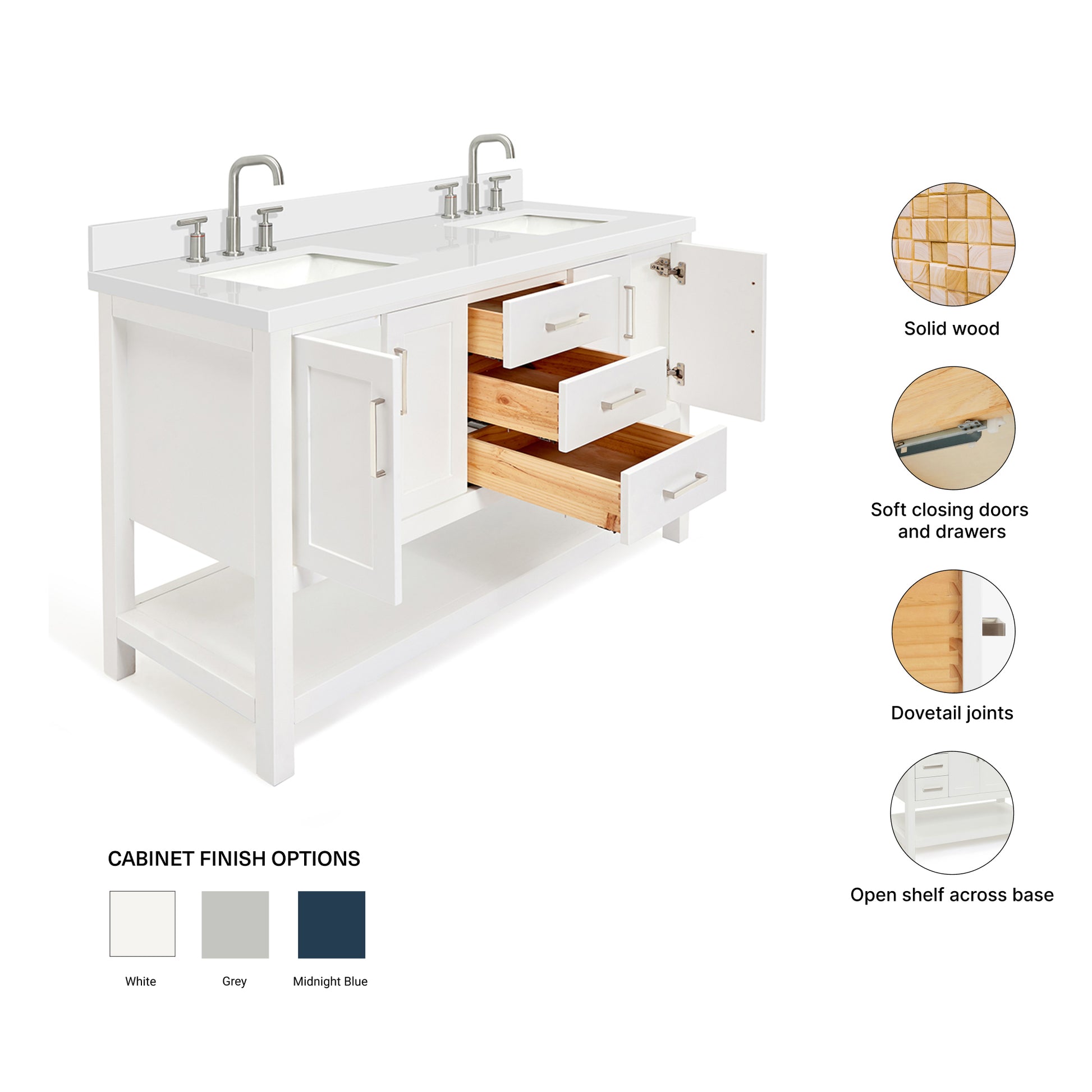 Olivia 60-inch White bathroom vanity on feature highlights: solid wood frame, soft-close doors and drawers, Sherwin-Williams paint finish