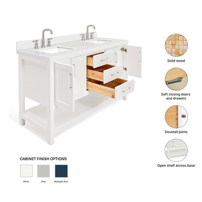 Olivia 60-inch White bathroom vanity on feature highlights: solid wood frame, soft-close doors and drawers, Sherwin-Williams paint finish