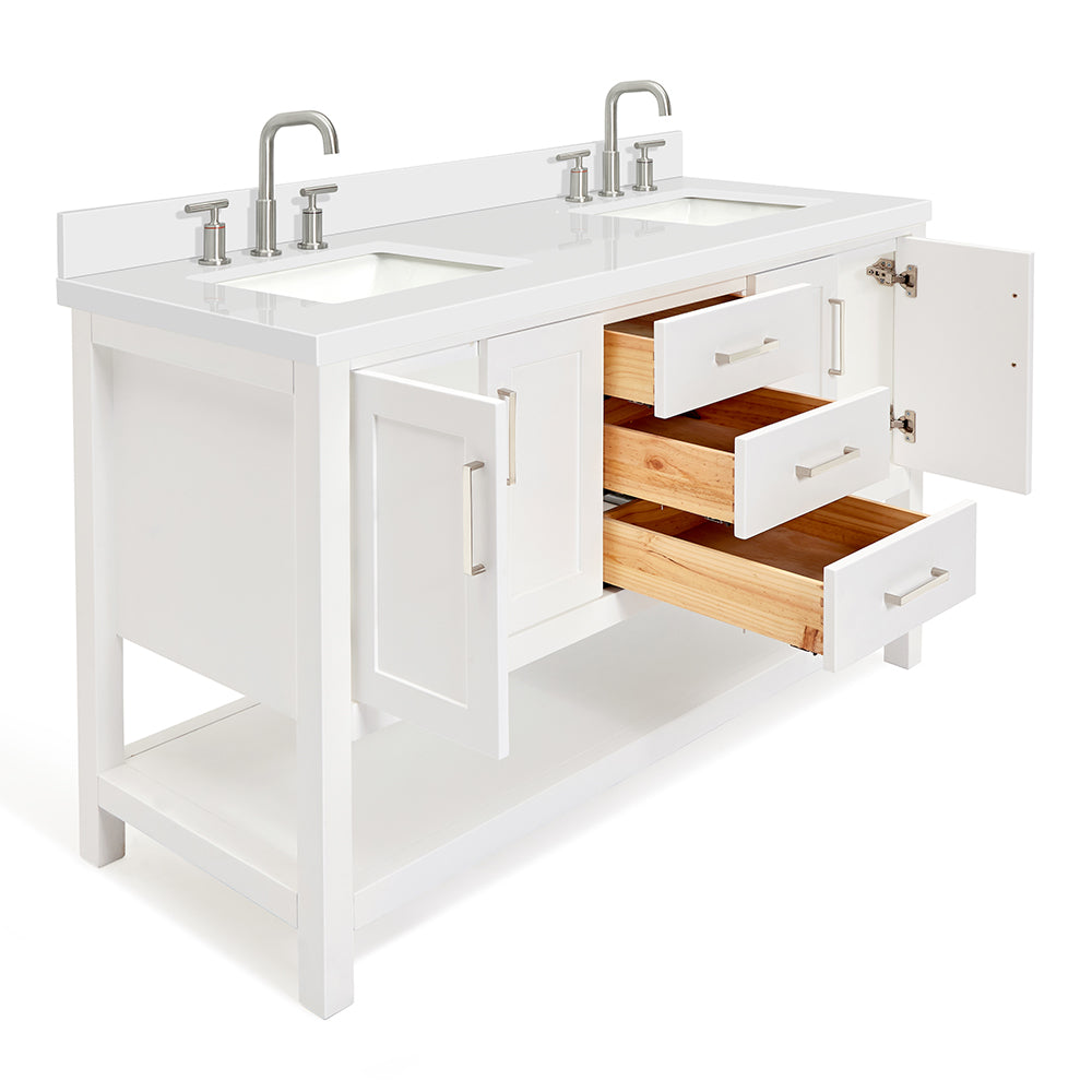 Olivia 60-inch White bathroom vanity on white back ground side view open door
