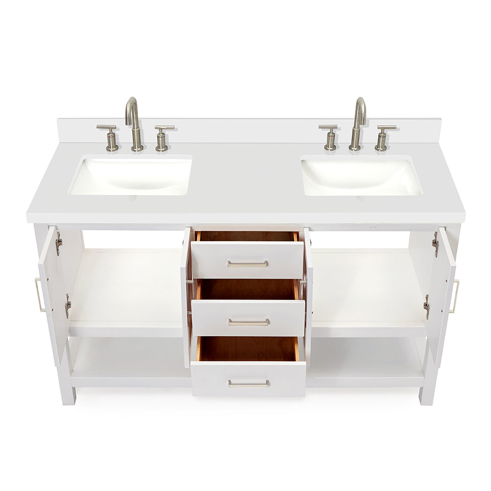 Olivia 60-inch White bathroom vanity on white back ground front view open door