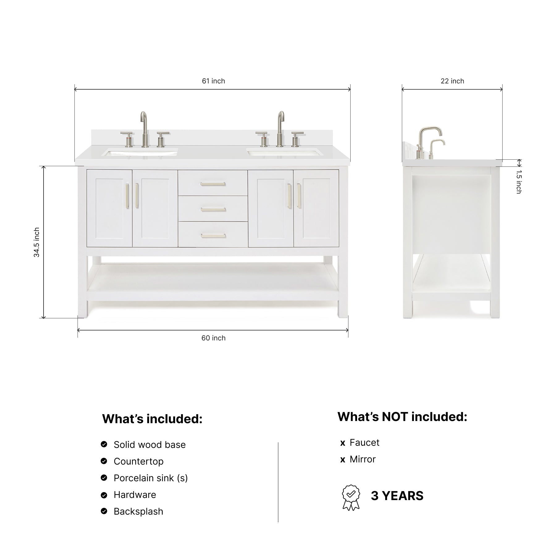 Olivia 60-inch White bathroom vanity on dimensions