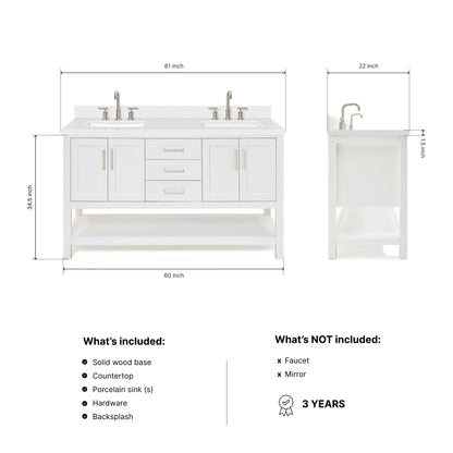 Olivia 60-inch White bathroom vanity on dimensions