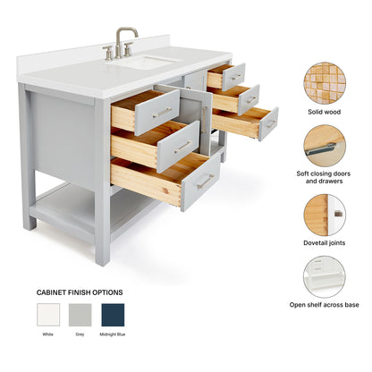 Olivia 60-inch Grey bathroom vanity on feature highlights: solid wood frame, soft-close doors and drawers, Sherwin-Williams paint finish