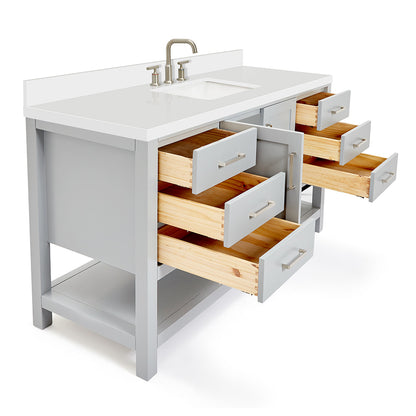 Olivia 60-inch Grey bathroom vanity on white back ground side view open door