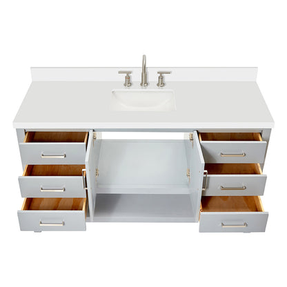 Olivia 60-inch Grey bathroom vanity on white back ground front view open door