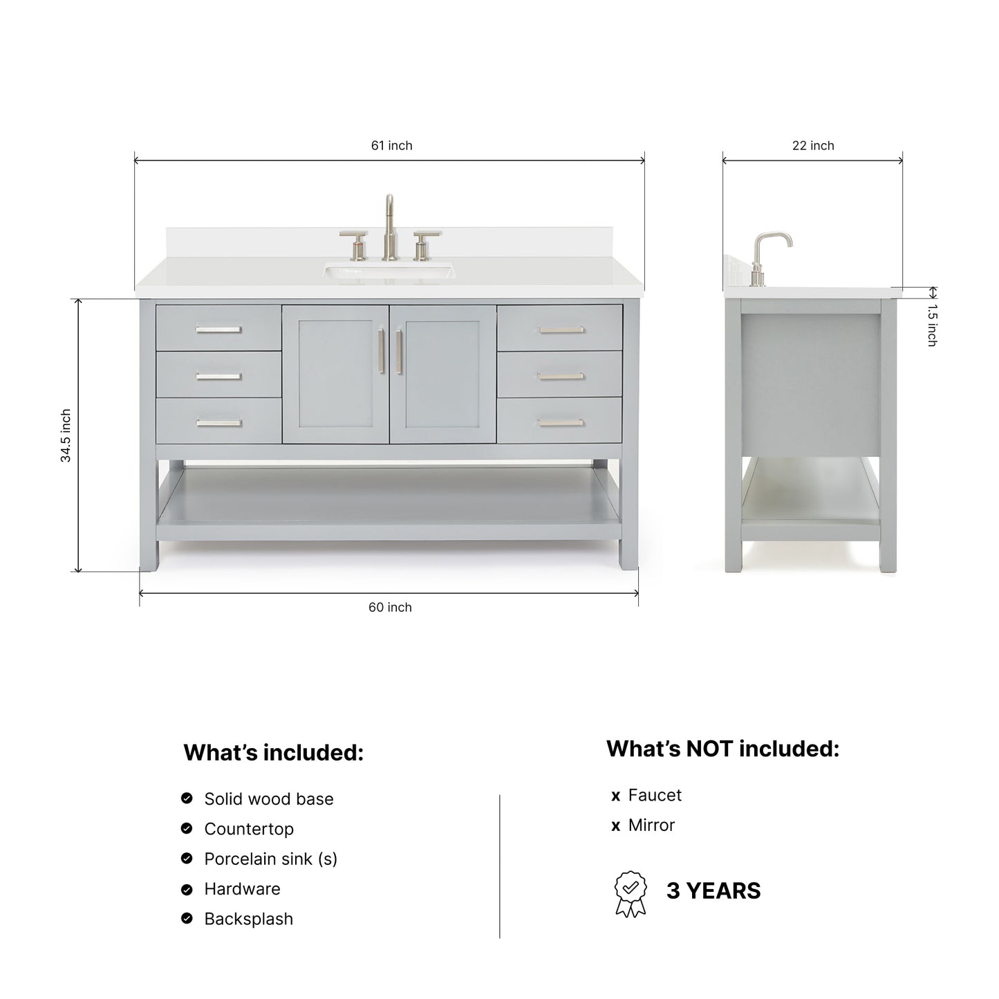 Olivia 60-inch Grey bathroom vanity on dimensions