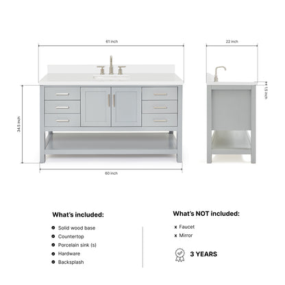 Olivia 60-inch Grey bathroom vanity on dimensions