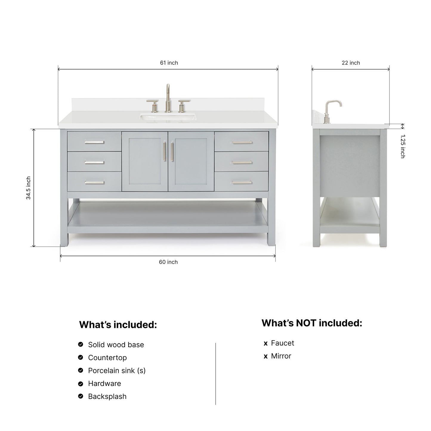 Olivia 60-inch Grey bathroom vanity on dimensions