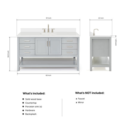 Olivia 60-inch Grey bathroom vanity on dimensions