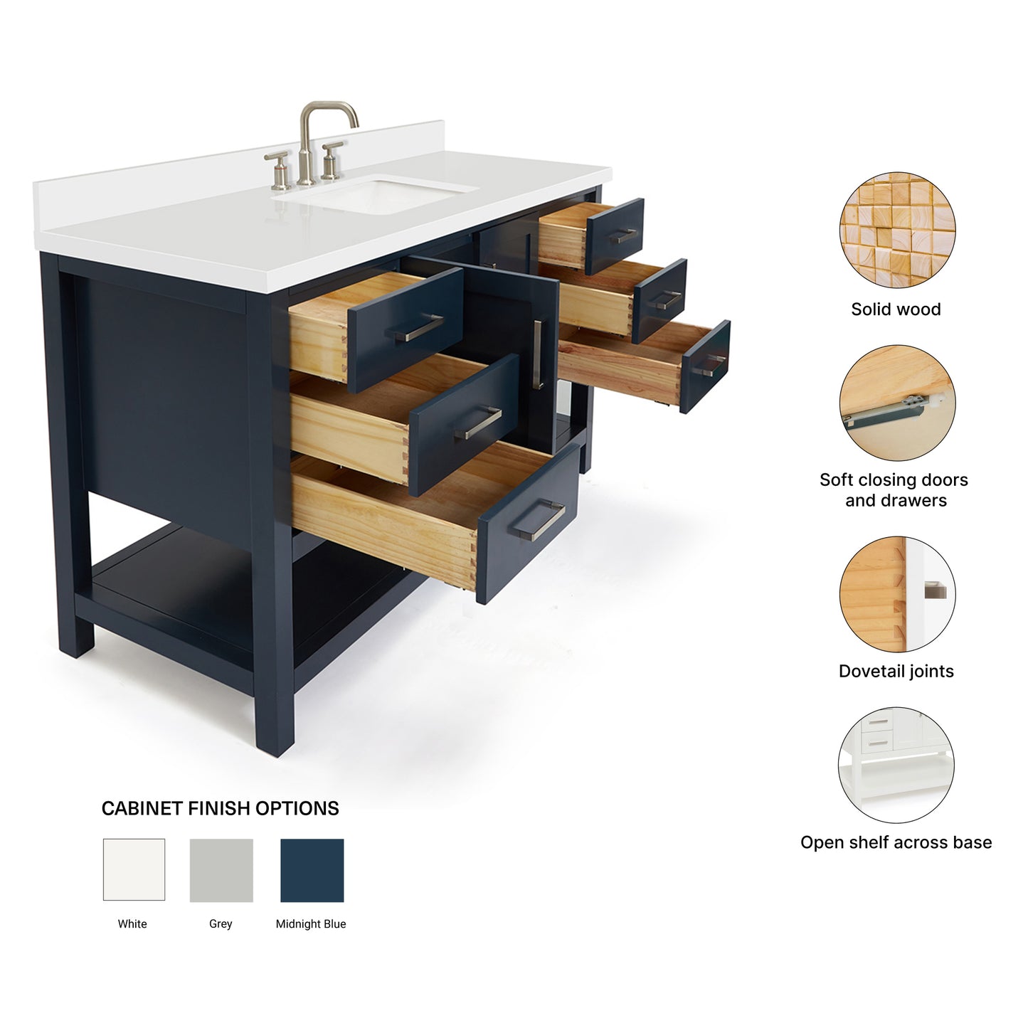 Olivia 60-inch Midnight Blue bathroom vanity on feature highlights: solid wood frame, soft-close doors and drawers, Sherwin-Williams paint finish