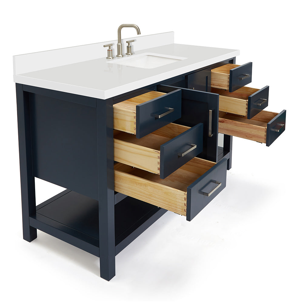 Olivia 60-inch Midnight Blue bathroom vanity on white back ground side view open door