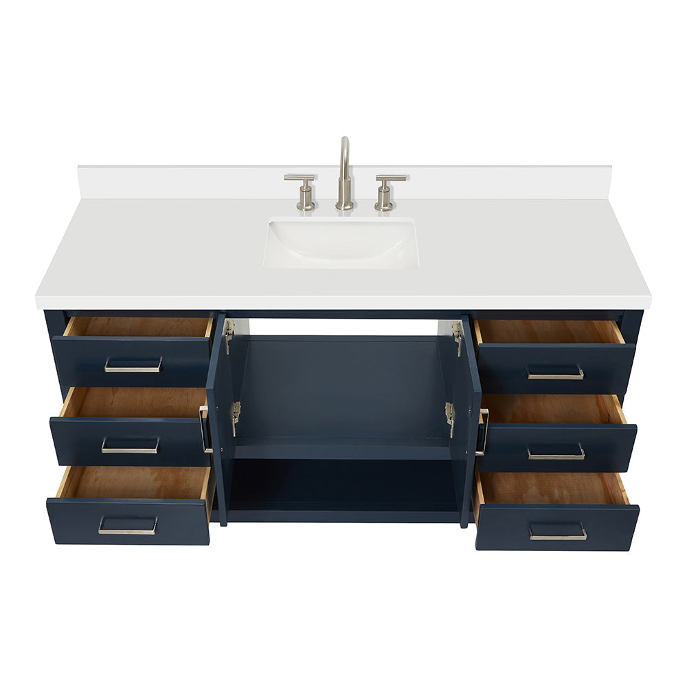 Olivia 60-inch Midnight Blue bathroom vanity on white back ground front view open door