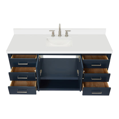 Olivia 60-inch Midnight Blue bathroom vanity on white back ground front view open door