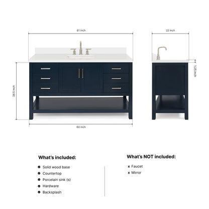 Olivia 60-inch Midnight Blue bathroom vanity on dimensions