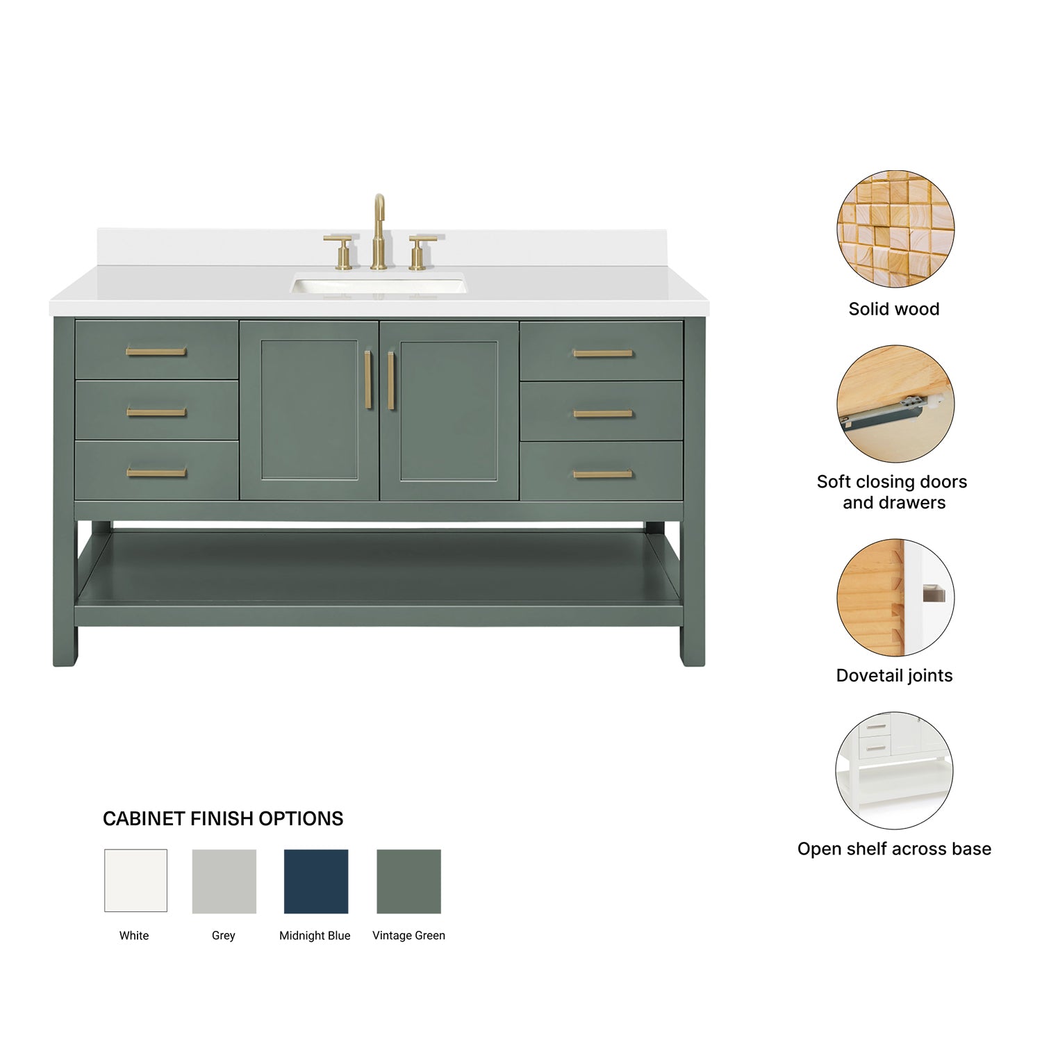 Olivia 60-inch Vintage Green bathroom vanity on feature highlights: solid wood frame, soft-close doors and drawers, Sherwin-Williams paint finish