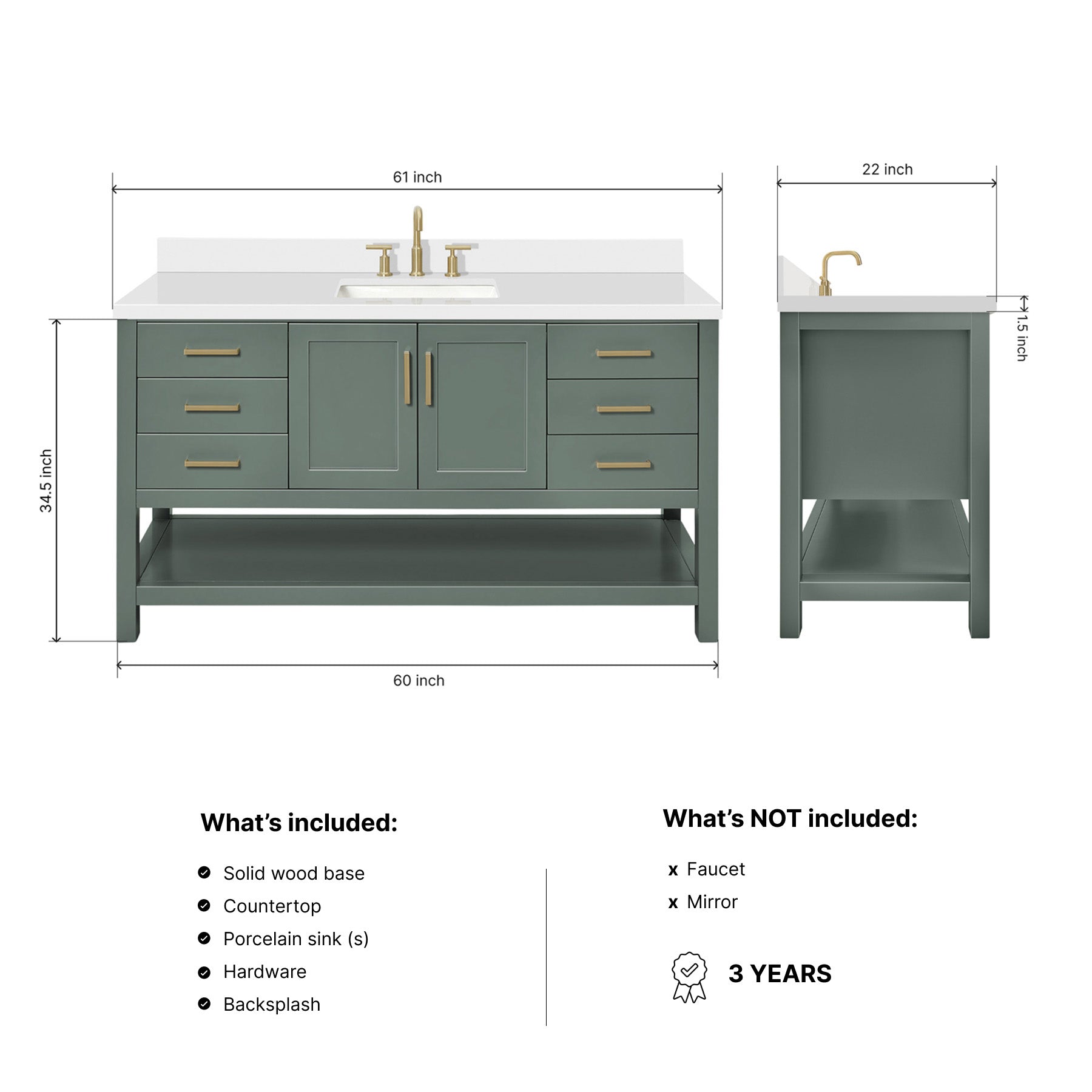 Olivia 60-inch Vintage Green bathroom vanity on dimensions