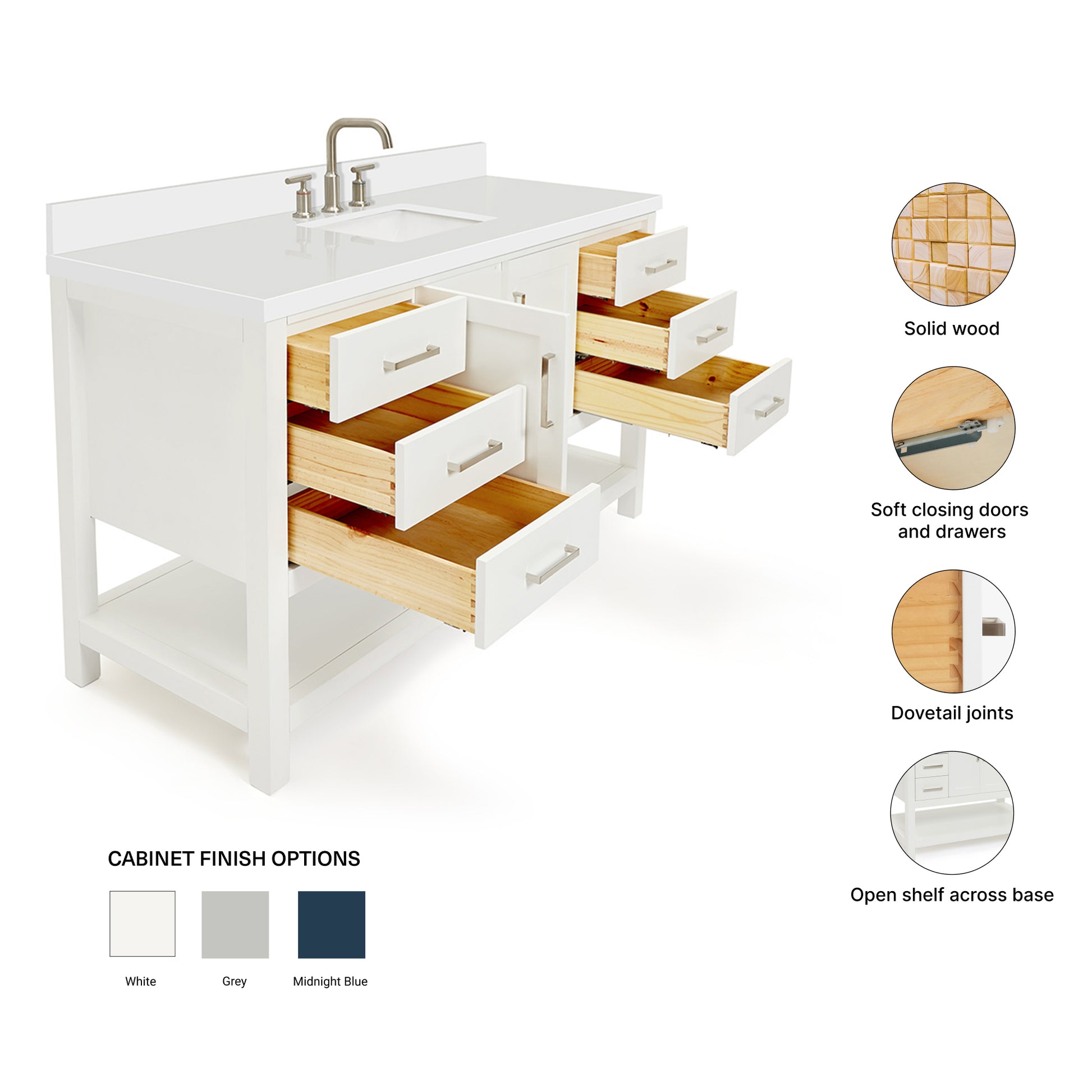 Olivia 60-inch White bathroom vanity on feature highlights: solid wood frame, soft-close doors and drawers, Sherwin-Williams paint finish