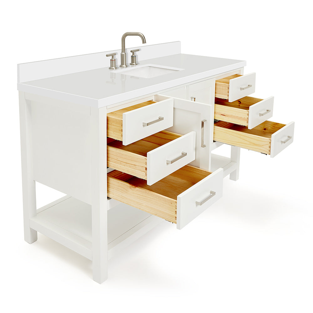 Olivia 60-inch White bathroom vanity on white back ground side view open door