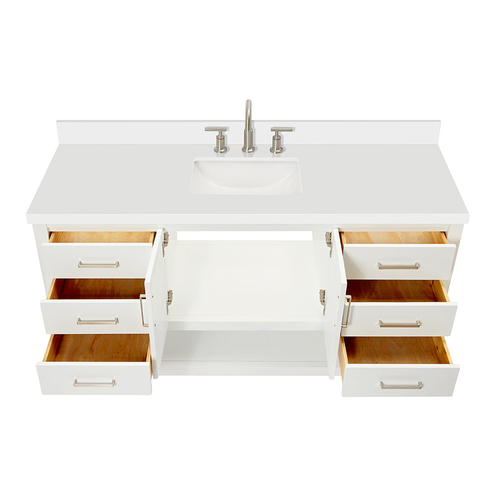 Olivia 60-inch White bathroom vanity on white back ground front view open door